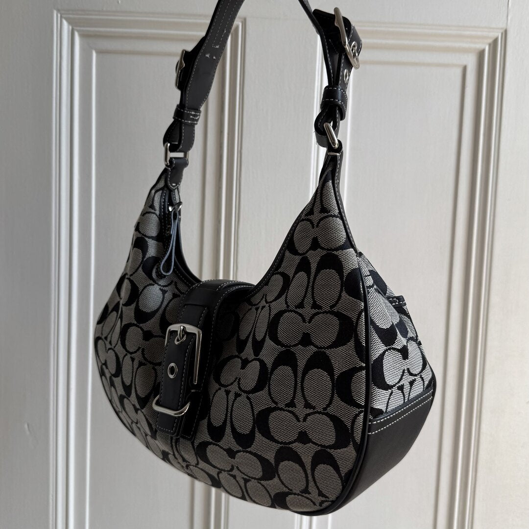 Coach Signature Hobo Buckle Black Shoulder Bag