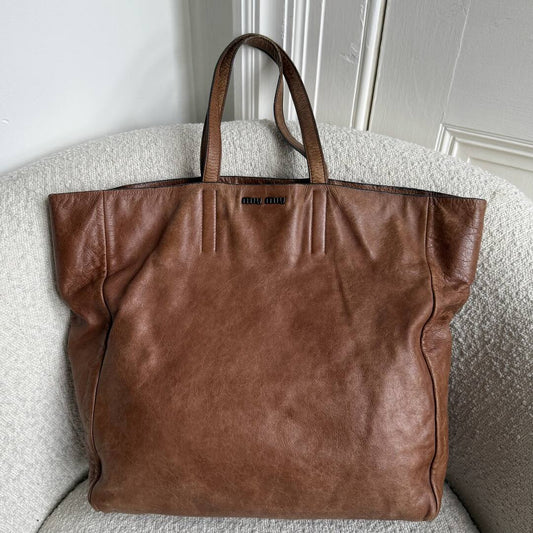 Miu Miu Vitello Brown Leather Tote Bag