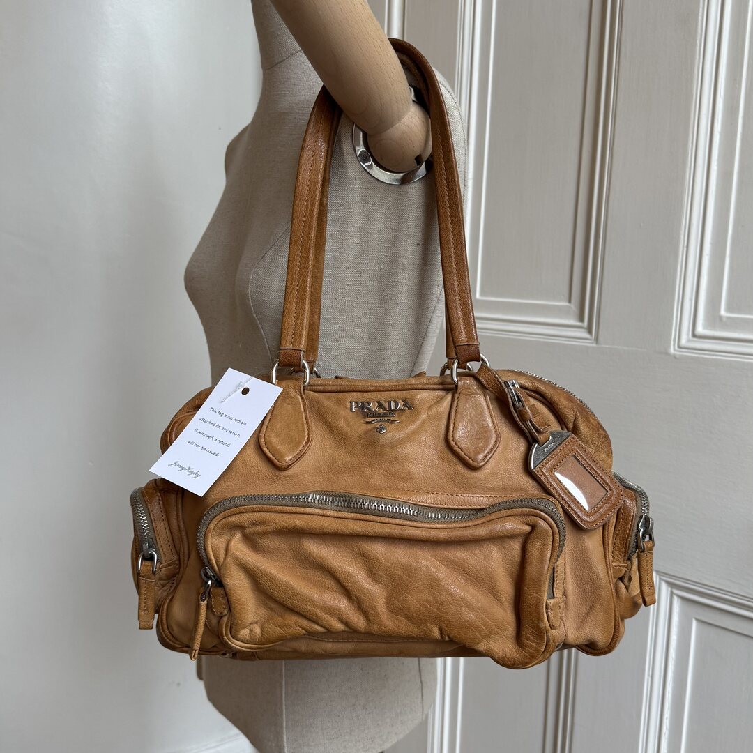 Prada Washed Bauletto Caramel Brown Leather Shoulder Bag