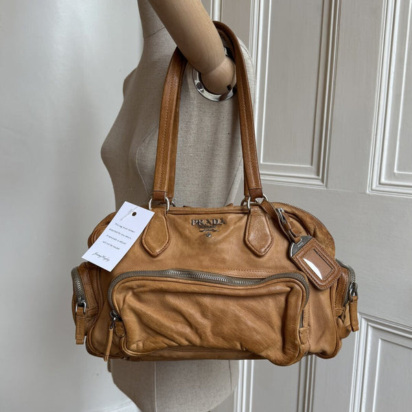 Prada Washed Bauletto Caramel Brown Leather Shoulder Bag