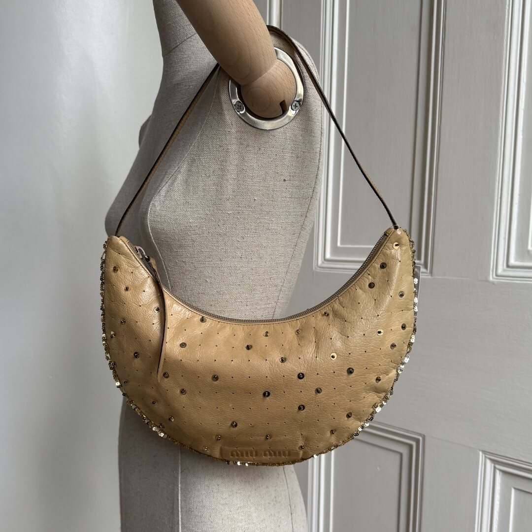 RARE Archive Miu Miu Sequins Brown Leather Croissant Shoulder Bag