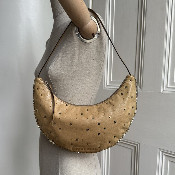 RARE Archive Miu Miu Sequins Brown Leather Croissant Shoulder Bag