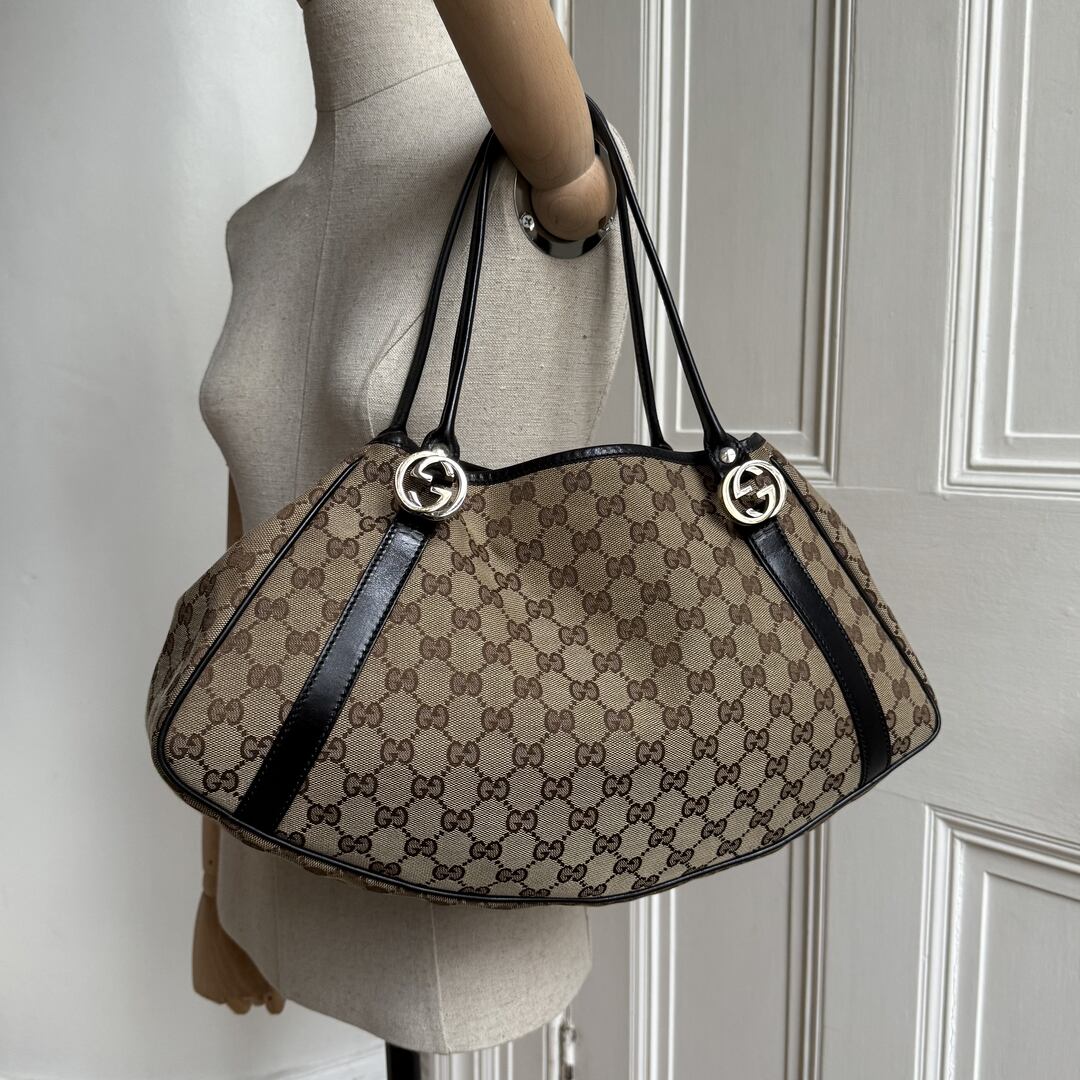 Gucci GG Canvas Twins Black Leather Tote Bag