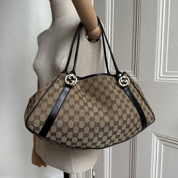 Gucci GG Canvas Twins Black Leather Tote Bag