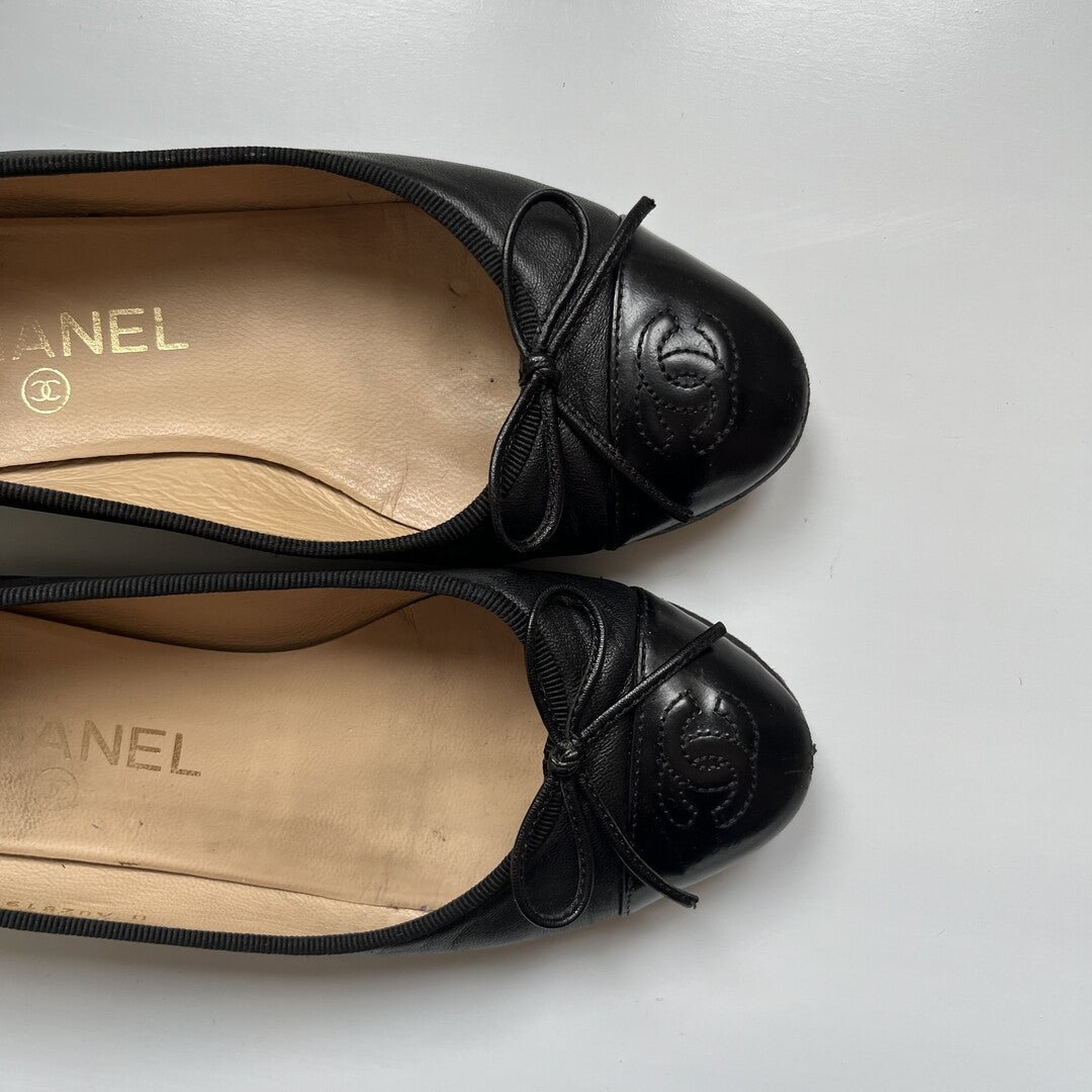 Chanel Bow Leather Black Ballet Flats