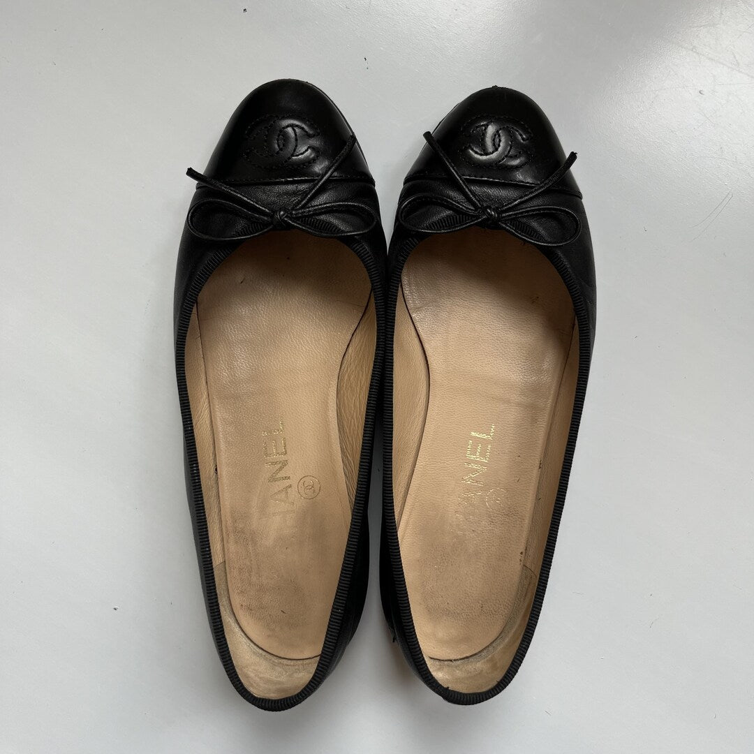 Chanel Bow Leather Black Ballet Flats