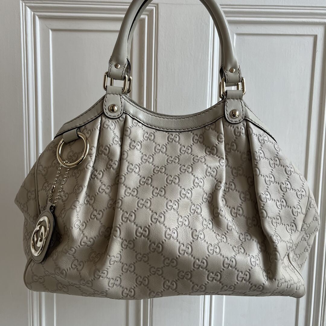 Gucci Guccissima Sukey Leather Cream Tote Bag