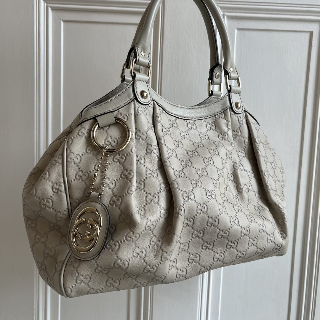 Gucci Guccissima Sukey Leather Cream Tote Bag