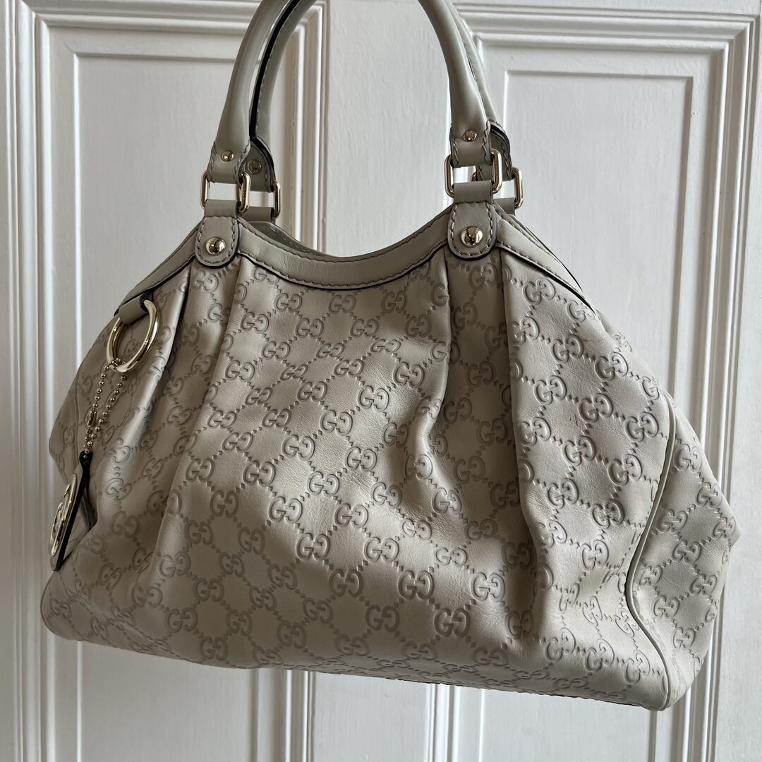 Gucci Guccissima Sukey Leather Cream Tote Bag