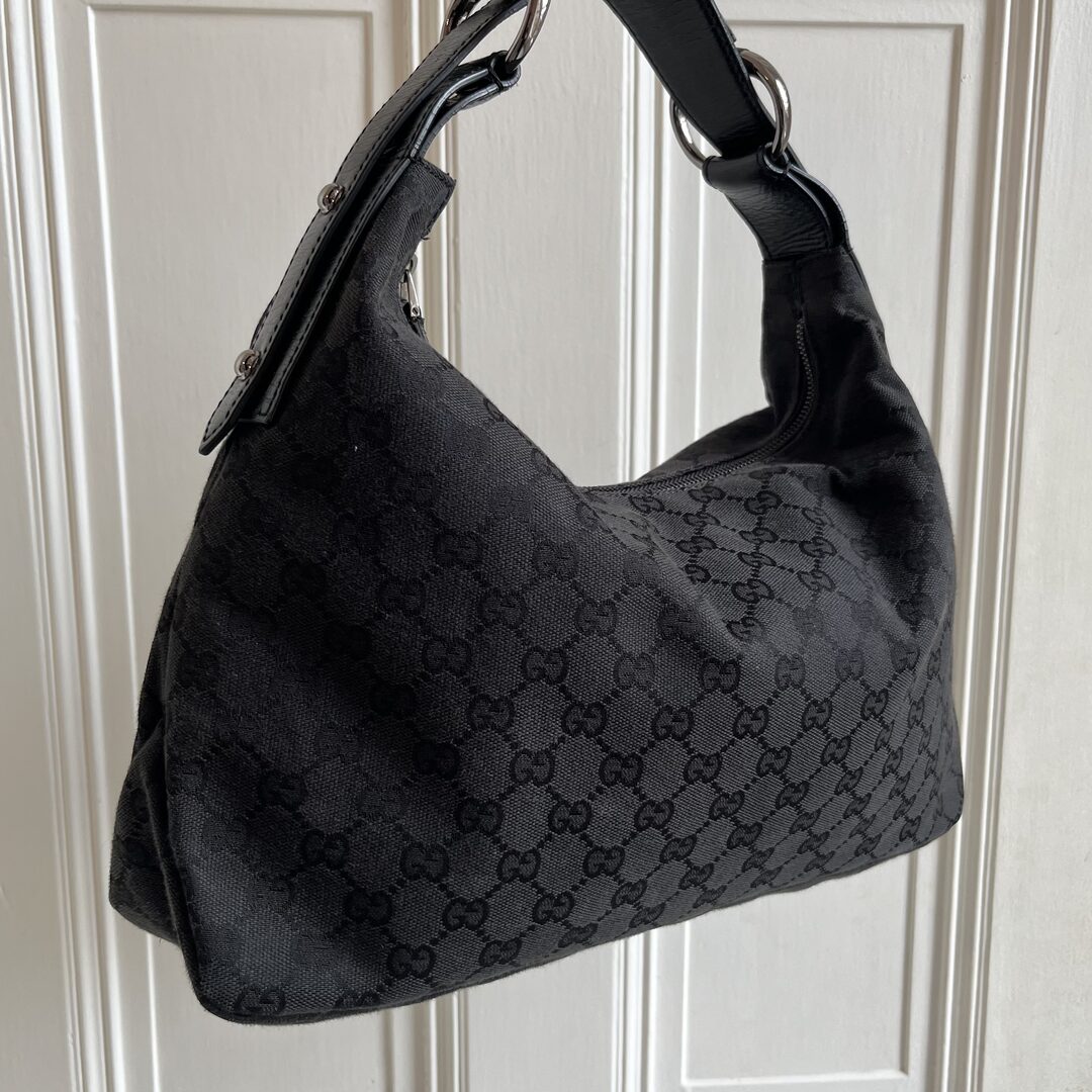 Gucci GG Black Monogram Horsebit Hobo Shoulder Bag