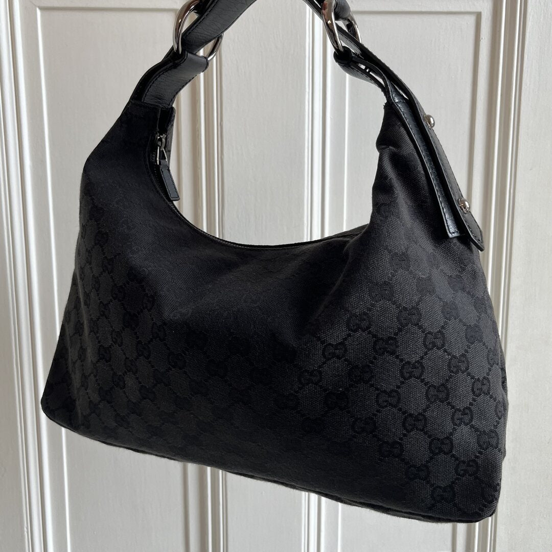 Gucci GG Black Monogram Horsebit Hobo Shoulder Bag