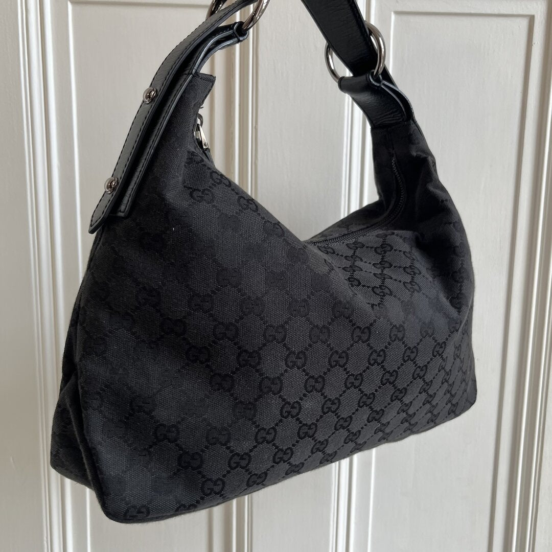 Gucci GG Black Monogram Horsebit Hobo Shoulder Bag