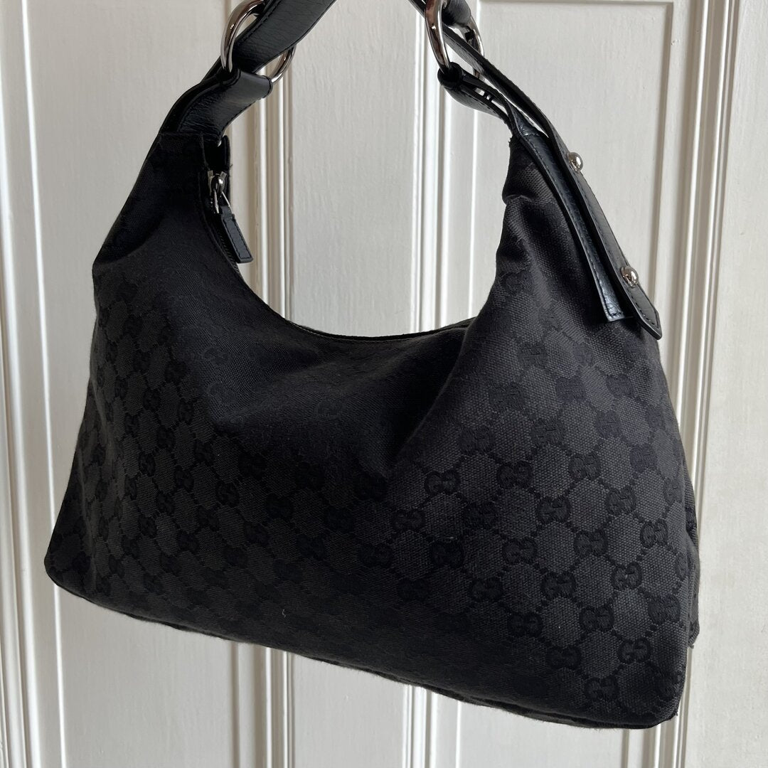 Gucci GG Black Monogram Horsebit Hobo Shoulder Bag