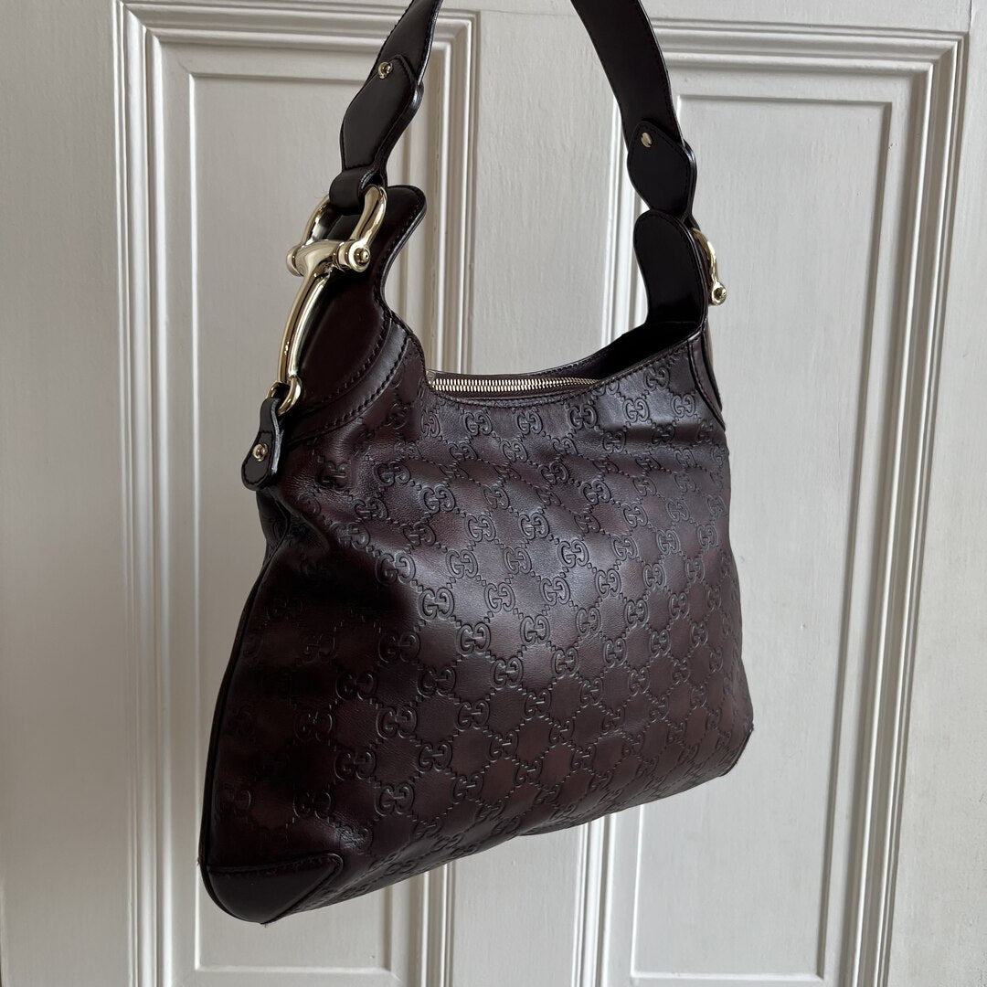 Gucci Guccissima Brown GG Leather Horsebit Shoulder Bag