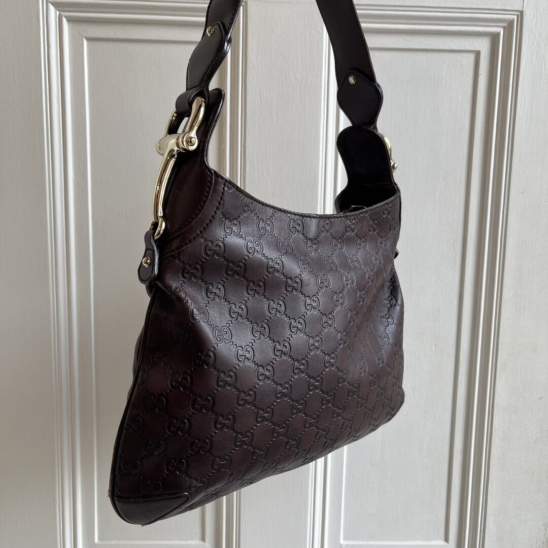 Gucci Guccissima Brown GG Leather Horsebit Shoulder Bag