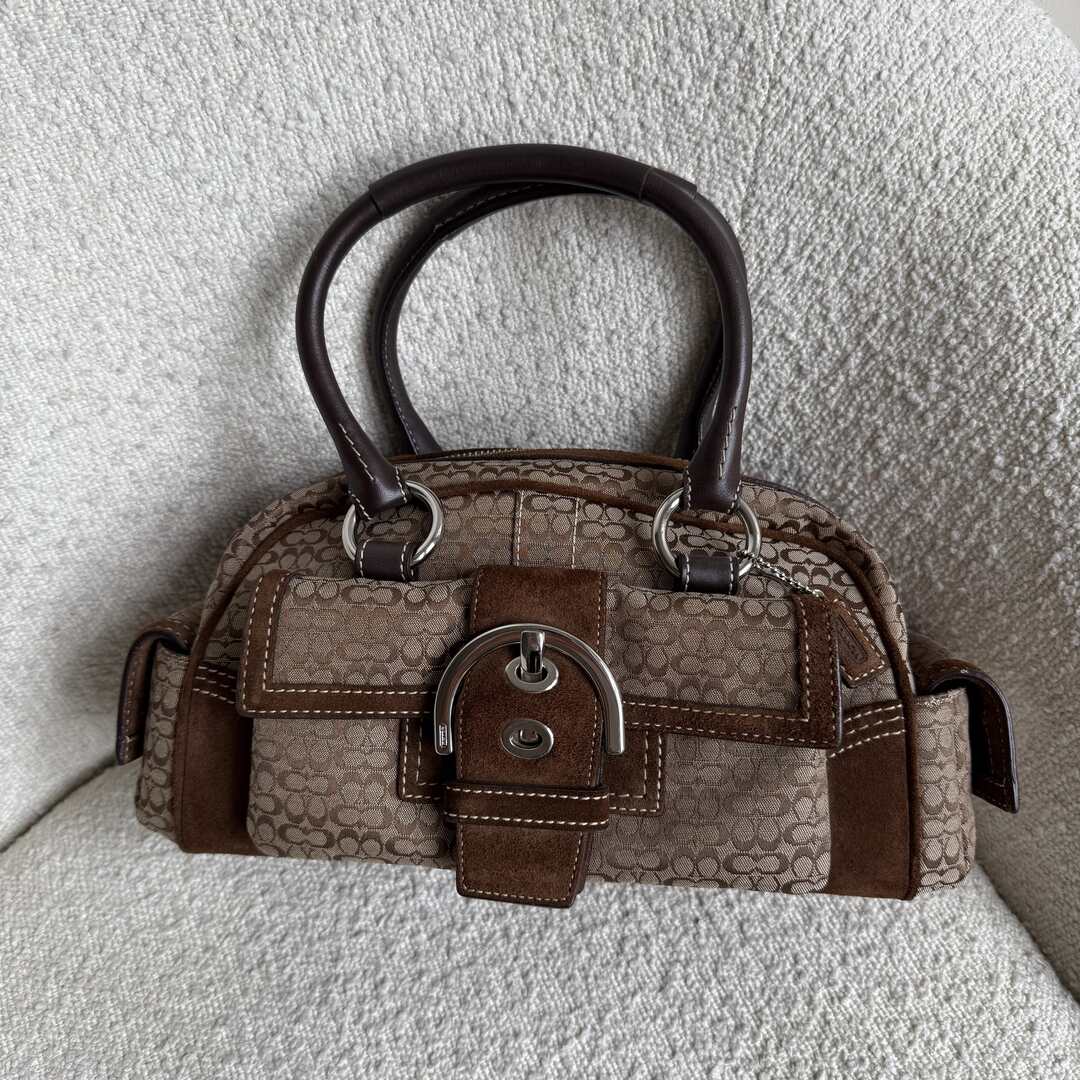Coach Mini Signature Buckle Suede Brown Shoulder Bag