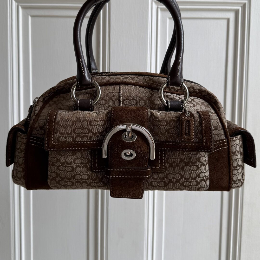 Coach Mini Signature Buckle Suede Brown Shoulder Bag