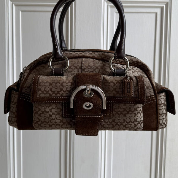 Coach Mini Signature Buckle Suede Brown Shoulder Bag
