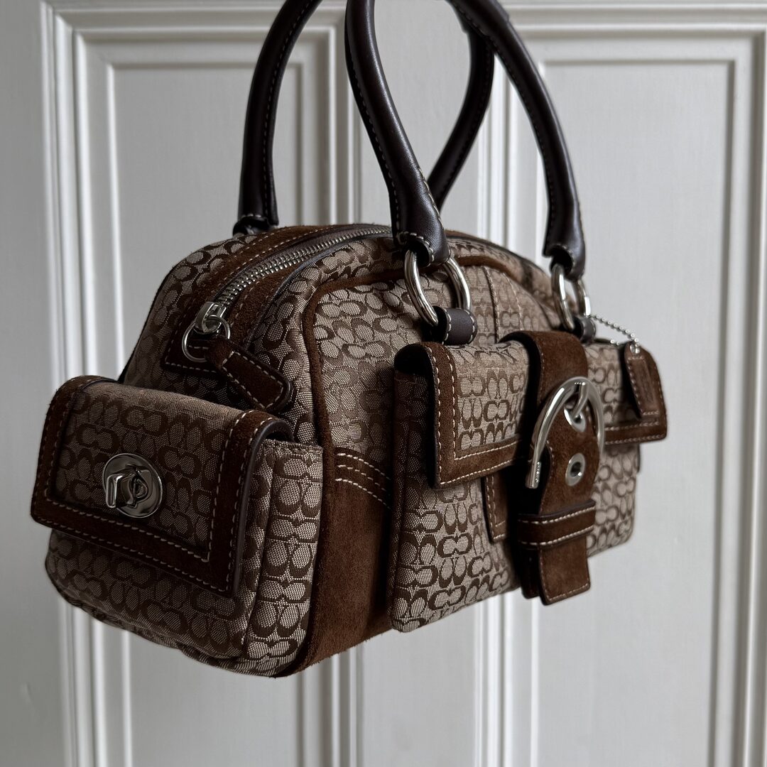 Coach Mini Signature Buckle Suede Brown Shoulder Bag