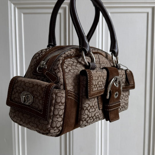Coach Mini Signature Buckle Suede Brown Shoulder Bag