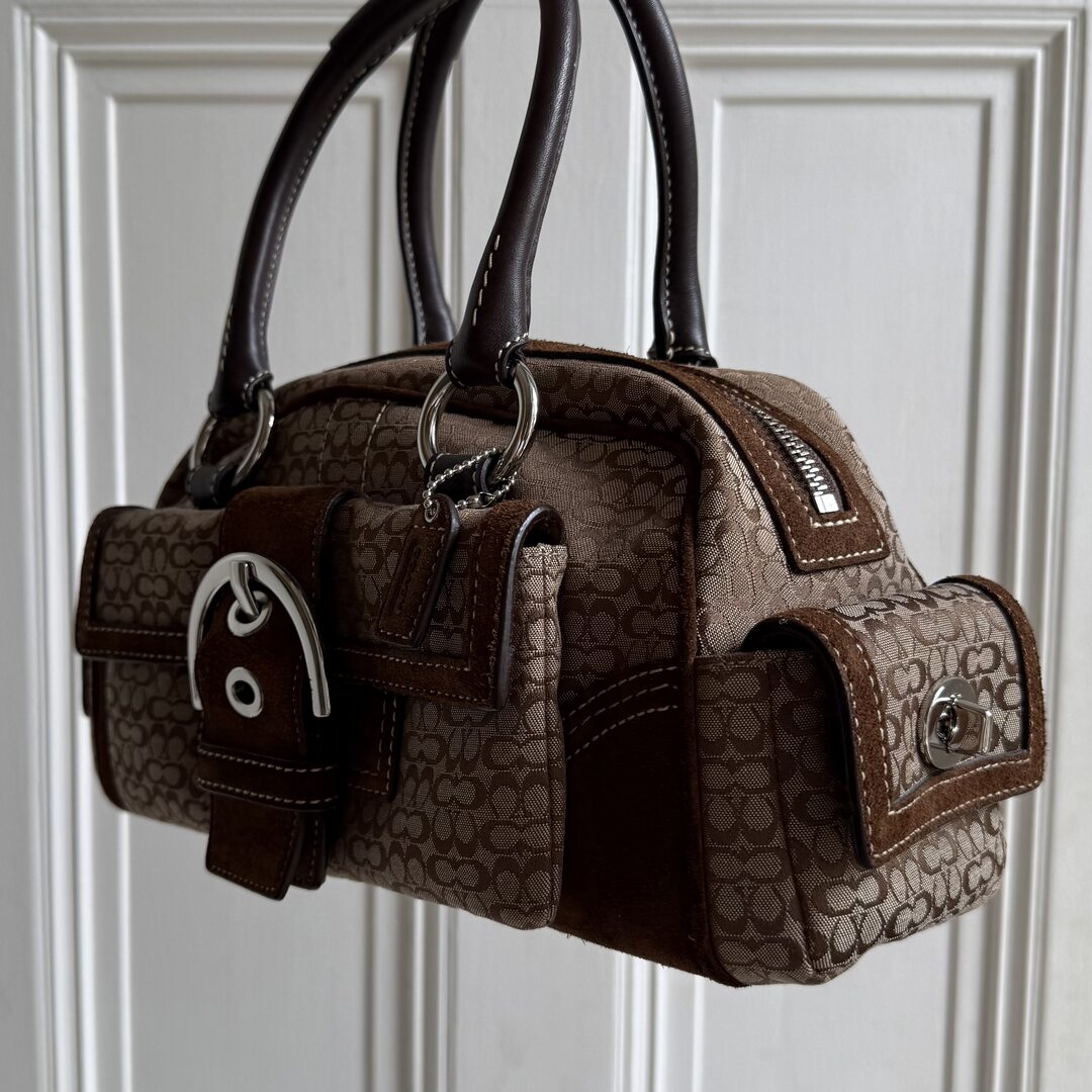 Coach Mini Signature Buckle Suede Brown Shoulder Bag