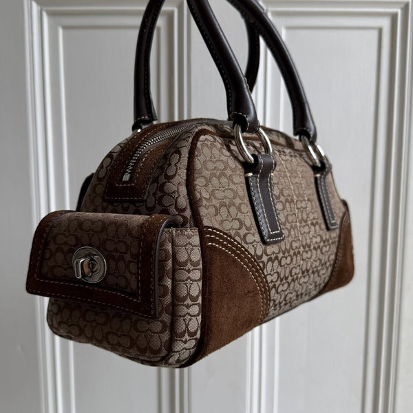 Coach Mini Signature Buckle Suede Brown Shoulder Bag