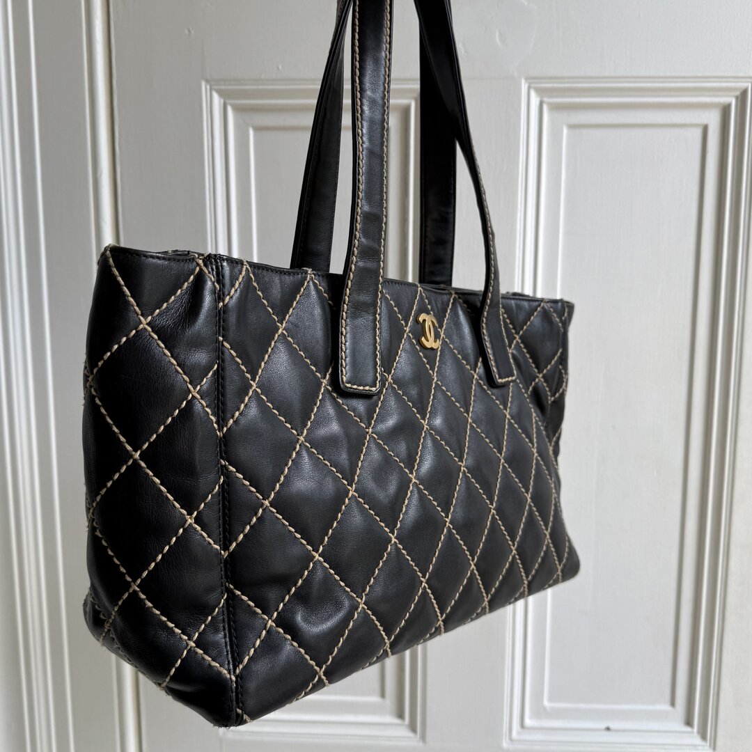 2004 Chanel CC Surpique Wild Stitch Black Leather Tote Bag