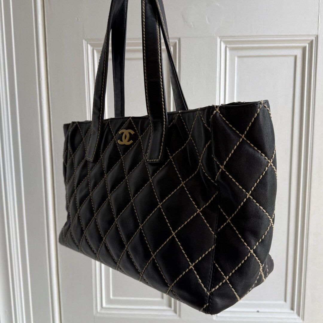 2004 Chanel CC Surpique Wild Stitch Black Leather Tote Bag
