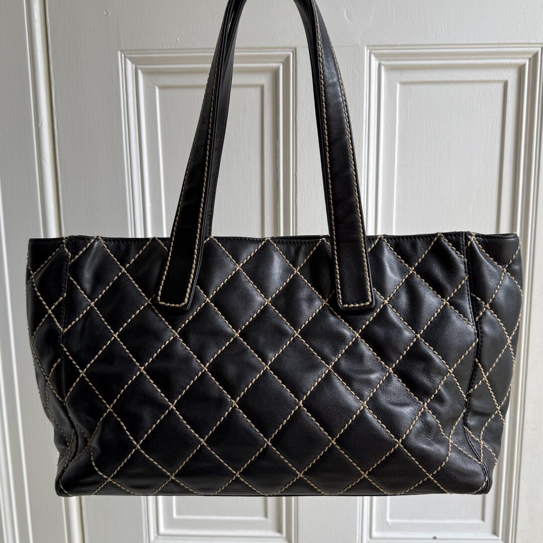 2004 Chanel CC Surpique Wild Stitch Black Leather Tote Bag