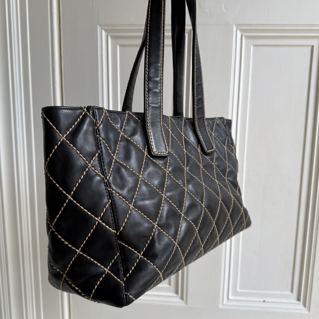 2004 Chanel CC Surpique Wild Stitch Black Leather Tote Bag