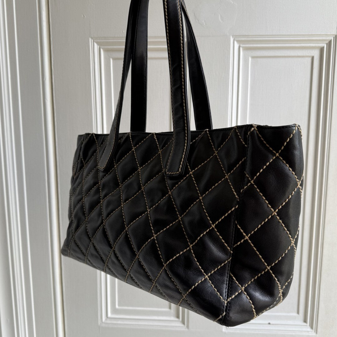 2004 Chanel CC Surpique Wild Stitch Black Leather Tote Bag