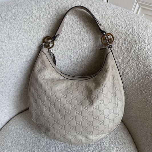 Gucci Guccissima Twins Hobo Cream Leather Shoulder Bag