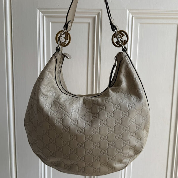 Gucci Guccissima Twins Hobo Cream Leather Shoulder Bag