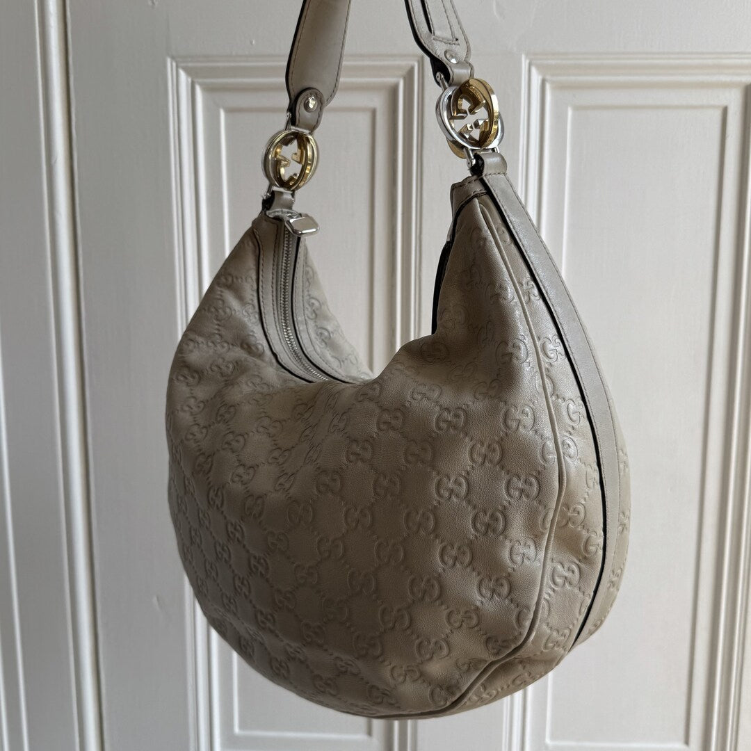 Gucci Guccissima Twins Hobo Cream Leather Shoulder Bag