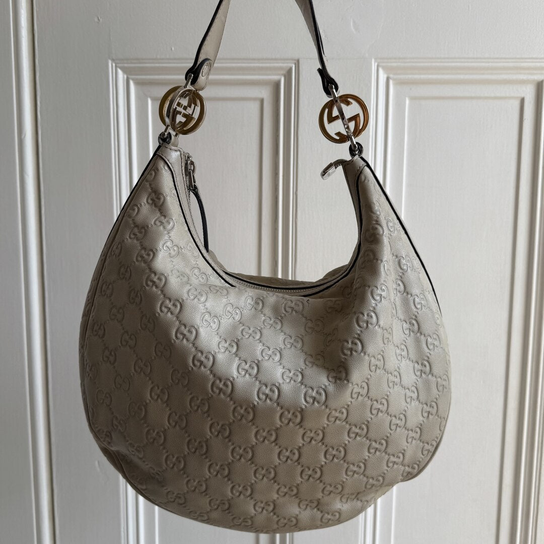 Gucci Guccissima Twins Hobo Cream Leather Shoulder Bag