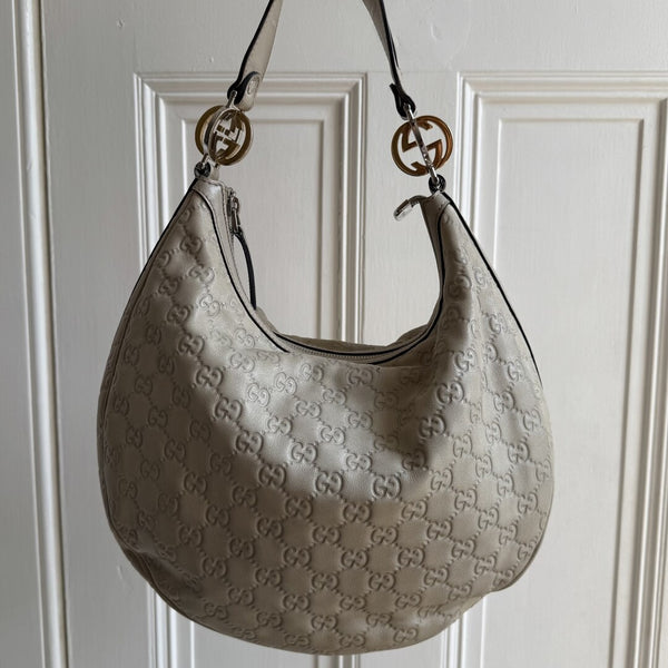 Gucci Guccissima Twins Hobo Cream Leather Shoulder Bag