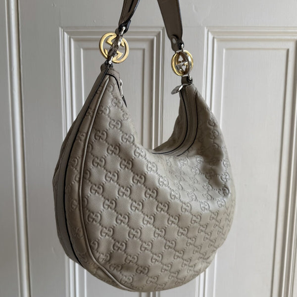 Gucci Guccissima Twins Hobo Cream Leather Shoulder Bag