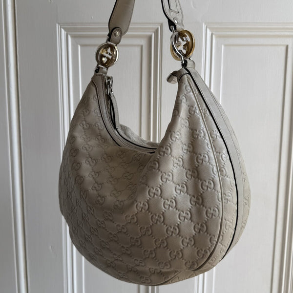Gucci Guccissima Twins Hobo Cream Leather Shoulder Bag
