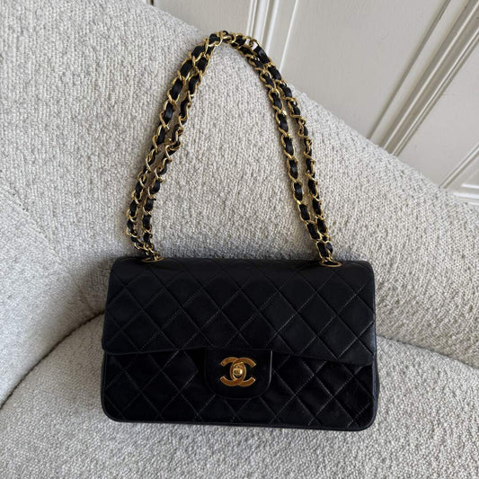 90s Chanel Matelasse Double Flap Chain 24K Gold Black Shoulder Bag