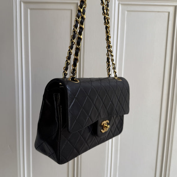 90s Chanel Matelasse Double Flap Chain 24K Gold Black Shoulder Bag