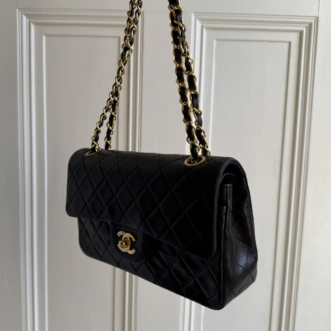 90s Chanel Matelasse Double Flap Chain 24K Gold Black Shoulder Bag