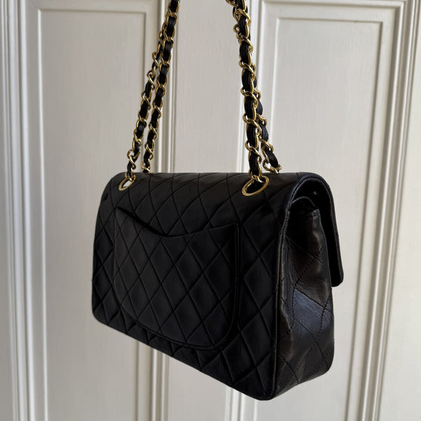 90s Chanel Matelasse Double Flap Chain 24K Gold Black Shoulder Bag