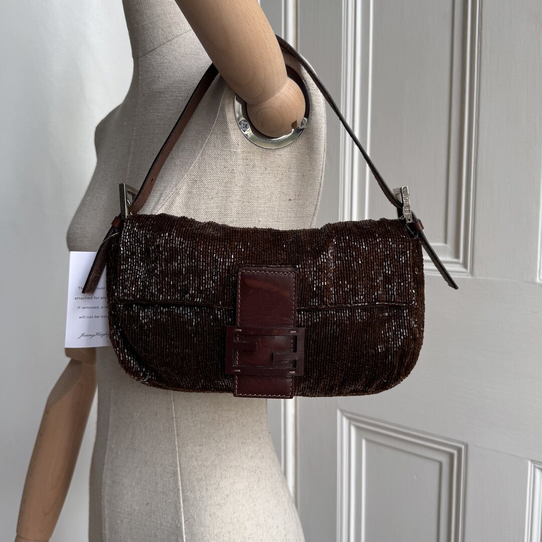 Fendi Sequin Beaded Brown Baguette Shoulder Bag