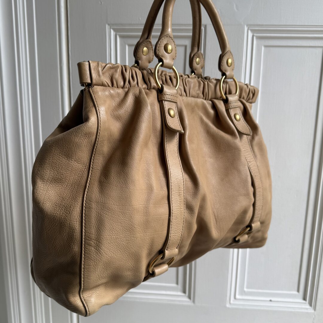 Miu Miu XL Vitello Leather Taupe Brown Handbag