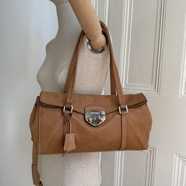 2005 Prada Vitello Easy Leather Brown Shoulder Bag
