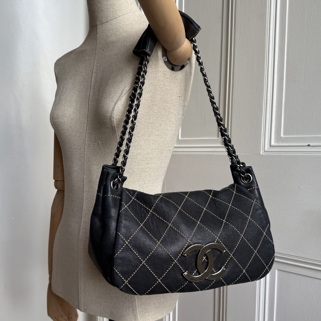 2004 Chanel CC Wild Stitch Surpique Chain Flap Black Shoulder Bag