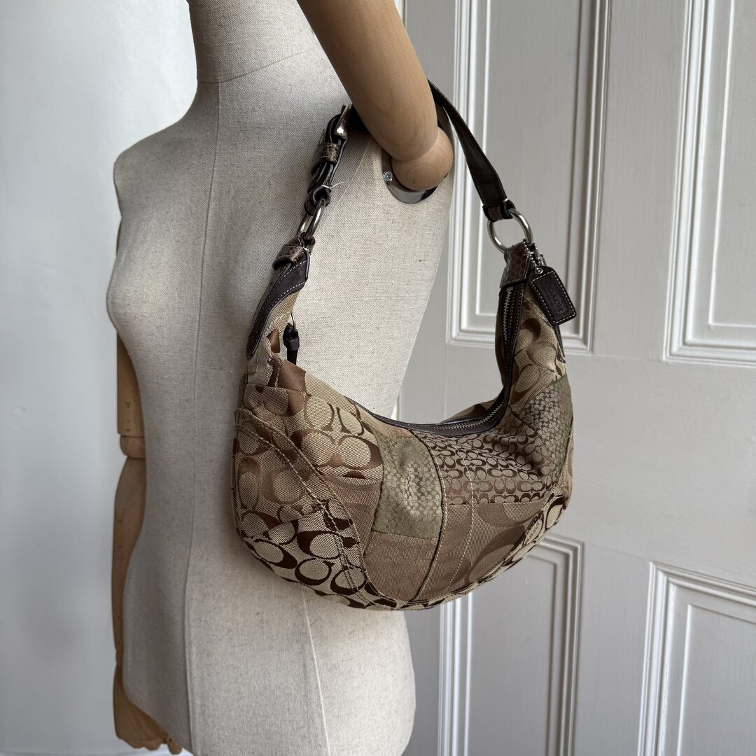 Coach Signature Patchwork Croissant Brown Shoulder Bag