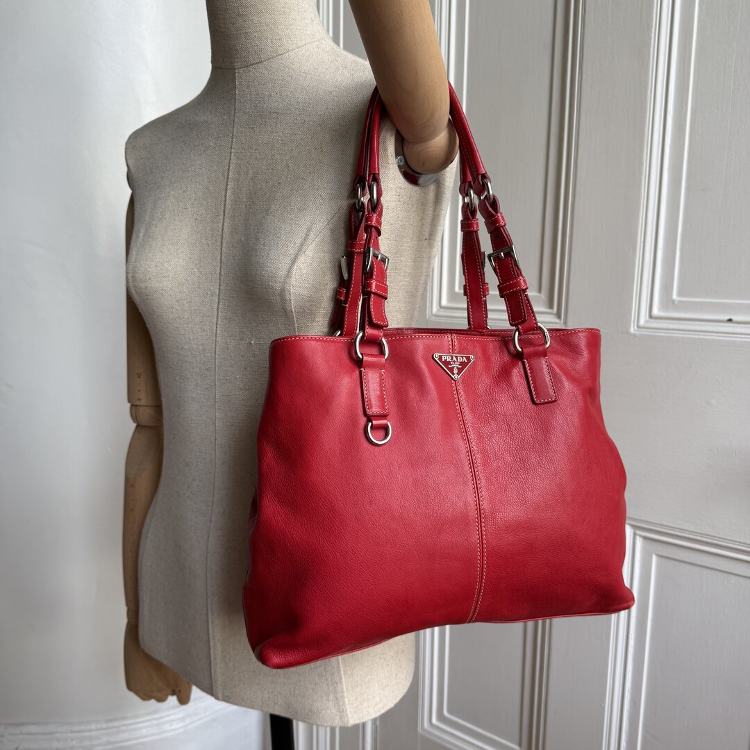2005 Prada Vitello Daino Leather Red Tote Bag