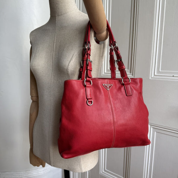 2005 Prada Vitello Daino Leather Red Tote Bag