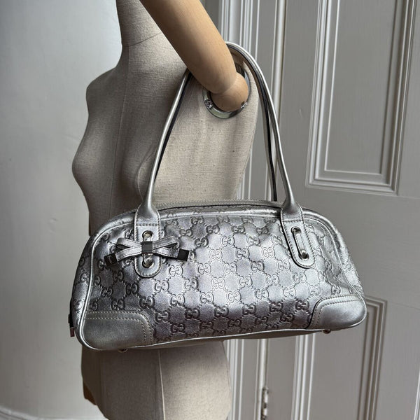 Gucci Guccissima Princy Metallic Silver Leather Shoulder Bag